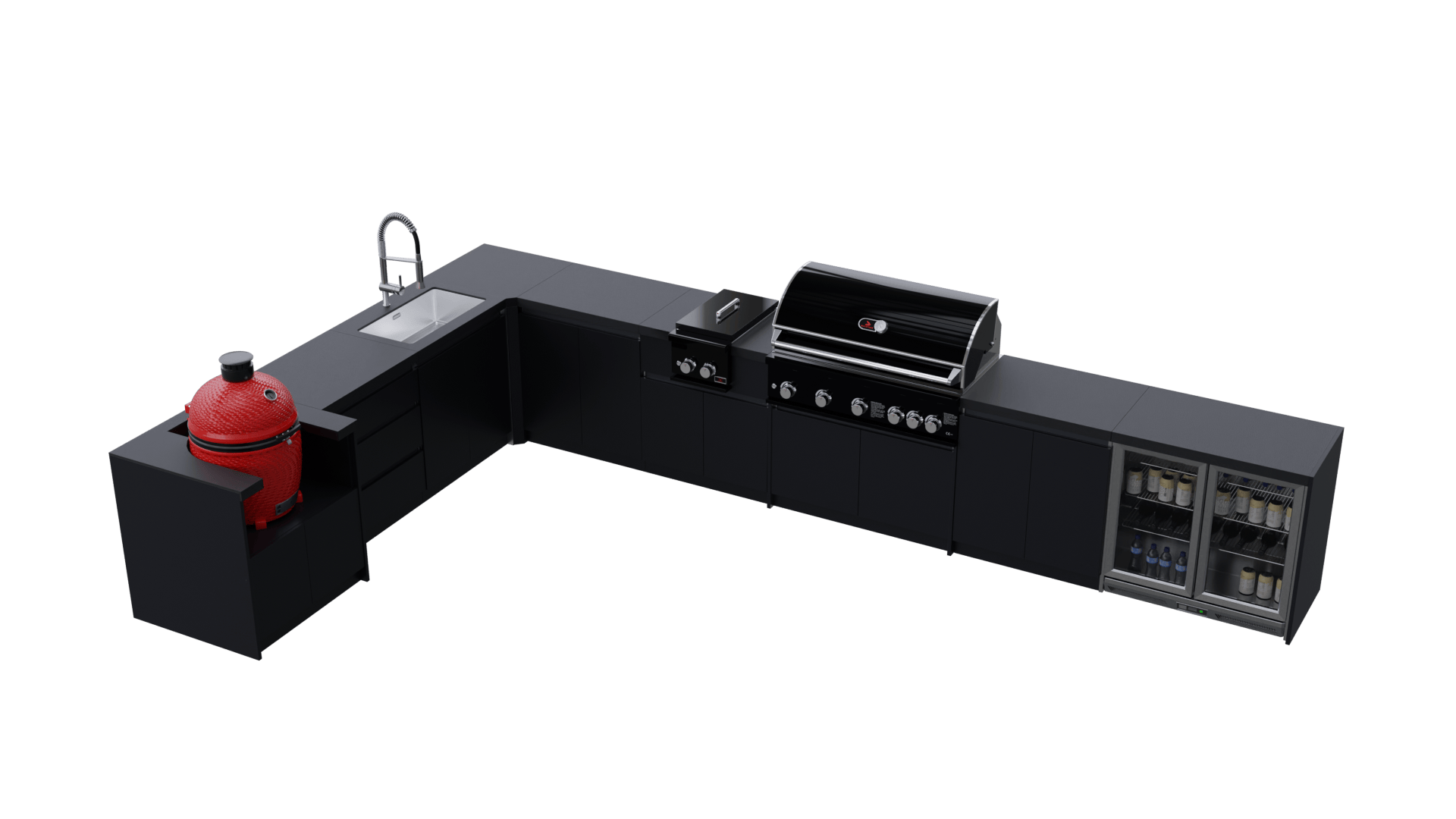 Whistler Fairford Black L-Shaped Outdoor Kitchen with Burford 5-Burner BBQ & Green Egg | Dimensions 3.1m x 5.1m