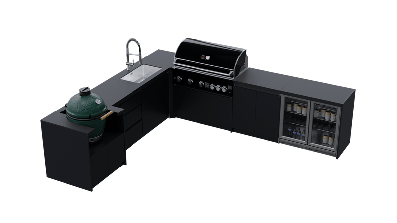 Whistler Fairford L-Shaped Black Outdoor Kitchen with Burford 5-Burner BBQ | Dimensions 3.1m x 3.5m