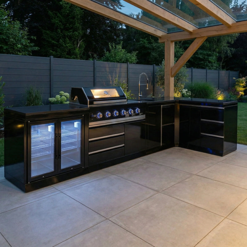 Goriller Outdoor Kitchen | 8-Burner Gas Grill, Double Door Fridge, Sink & Workstation | 4.8m Compact Luxury Design