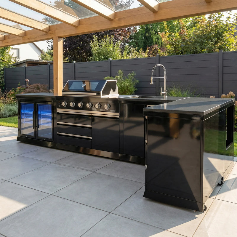 Goriller Outdoor Kitchen | 6-Burner Gas Grill, Sink Double Door Fridge & Workstation L-Shape | 4.5m Compact Luxury Design