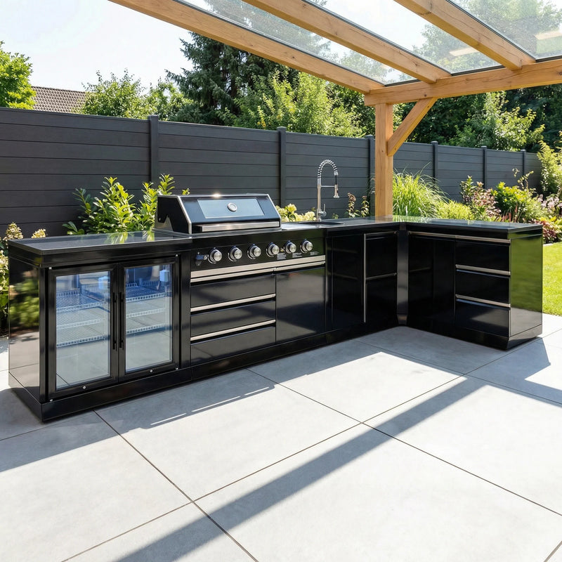 Goriller Outdoor Kitchen | 8-Burner Gas Grill, Double Door Fridge, Sink & Workstation | 4.8m Compact Luxury Design