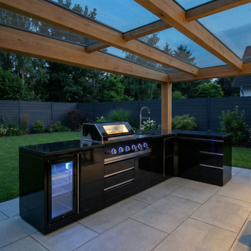 Goriller Outdoor Kitchen | 6-Burner Gas Grill, Sink Fridge & Workstation L-Shape | 4.5m Compact Luxury Design