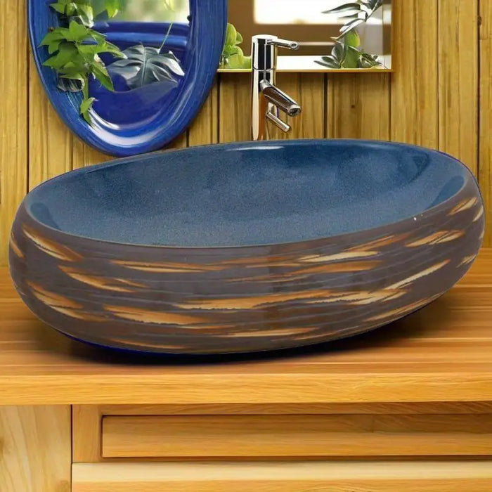 Stylish Oval Ceramic Bathroom Sink Brown and Blue Modern Design