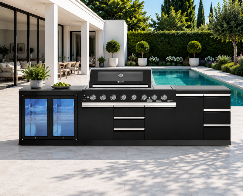 Goriller Outdoor Kitchen | 8-Burner Gas Grill, Double Door Fridge & WorkStation | 3.3m Compact Luxury Design