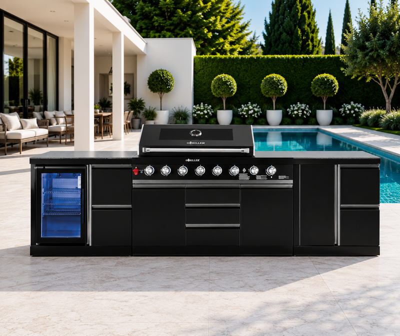 Goriller Outdoor Kitchen | 8-Burner Gas Grill, Single Fridge & WorkStation | 3.3m Compact Luxury Design