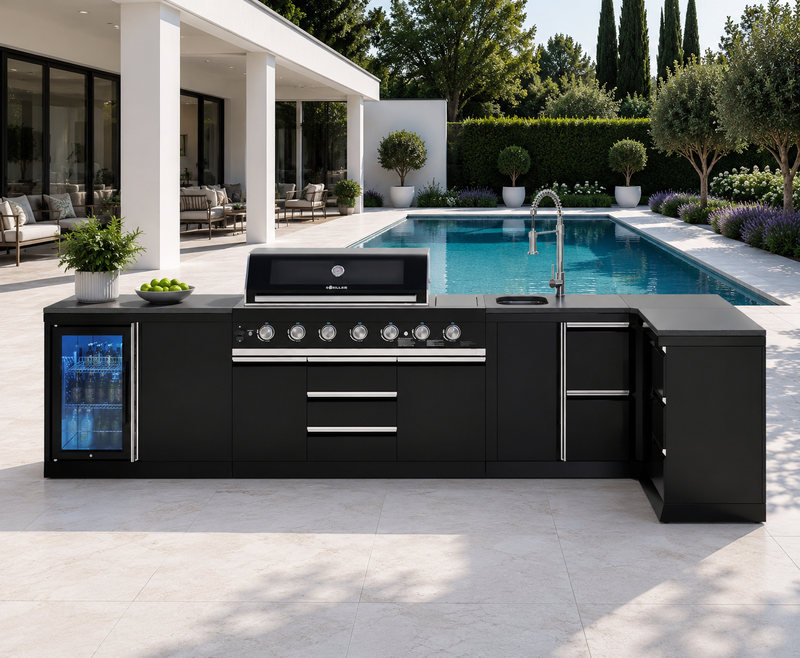 Goriller Outdoor Kitchen | 8-Burner Gas Grill, Single Fridge, Sink & Workstation | 4.8m Compact Luxury Design