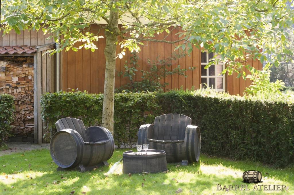 Wine Barrel Lounge 3 Piece Set 'Doc' - Plastic, Brown/Black