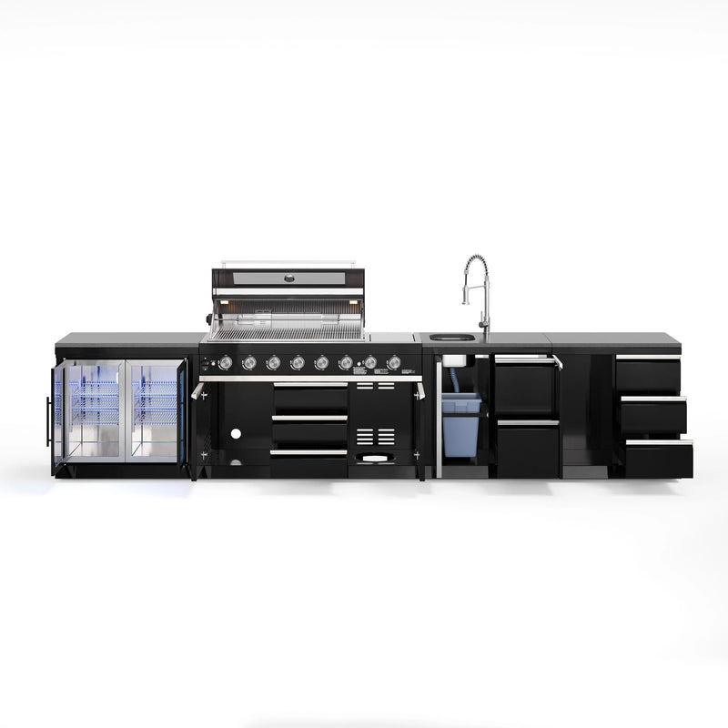 Goriller Outdoor Kitchen | 6-Burner Gas Grill, Sink Double Door Fridge & Workstation | 3.9m Compact Luxury Design