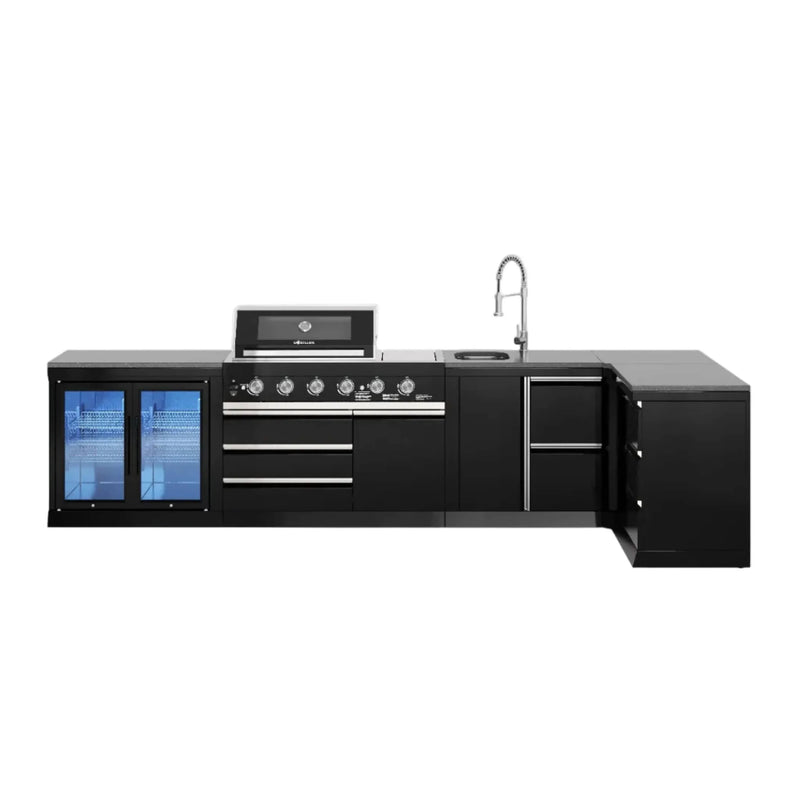 Goriller Outdoor Kitchen | 6-Burner Gas Grill, Sink Double Door Fridge & Workstation L-Shape | 4.5m Compact Luxury Design
