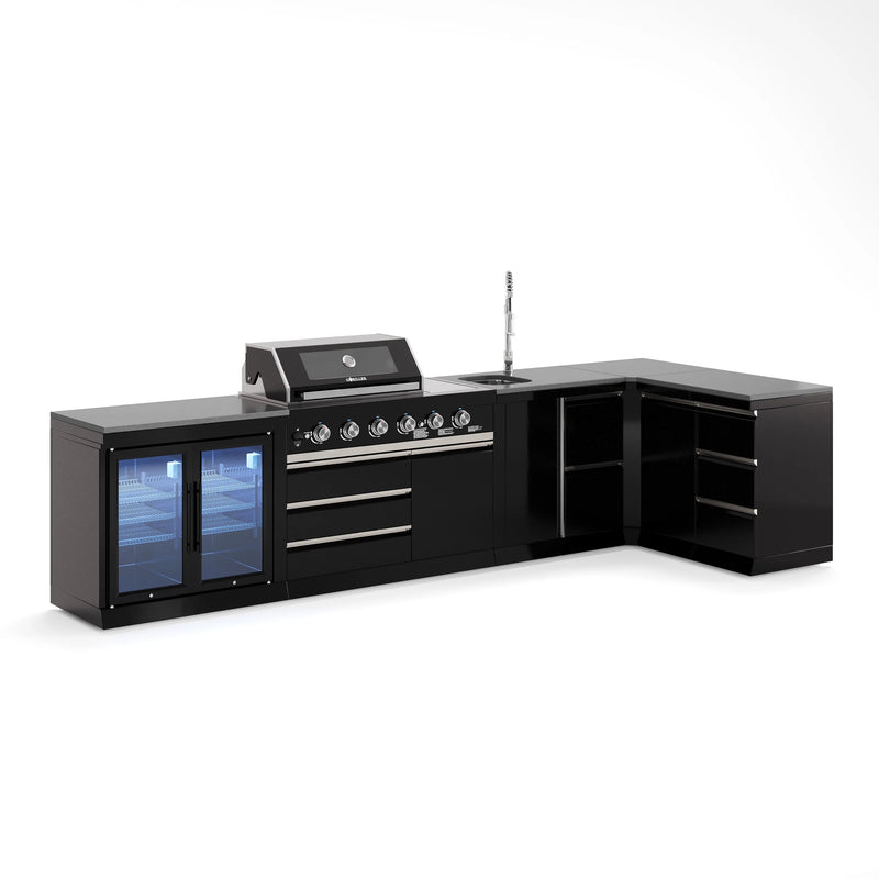 Goriller Outdoor Kitchen | 6-Burner Gas Grill, Sink Double Door Fridge & Workstation L-Shape | 4.5m Compact Luxury Design