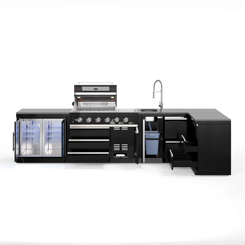 Goriller Outdoor Kitchen | 6-Burner Gas Grill, Sink Double Door Fridge & Workstation L-Shape | 4.5m Compact Luxury Design