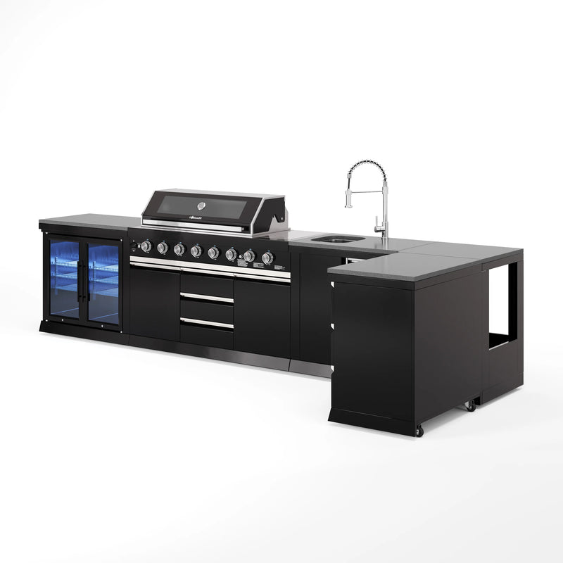 Goriller Outdoor Kitchen | 6-Burner Gas Grill, Sink Double Door Fridge & Workstation L-Shape | 4.5m Compact Luxury Design