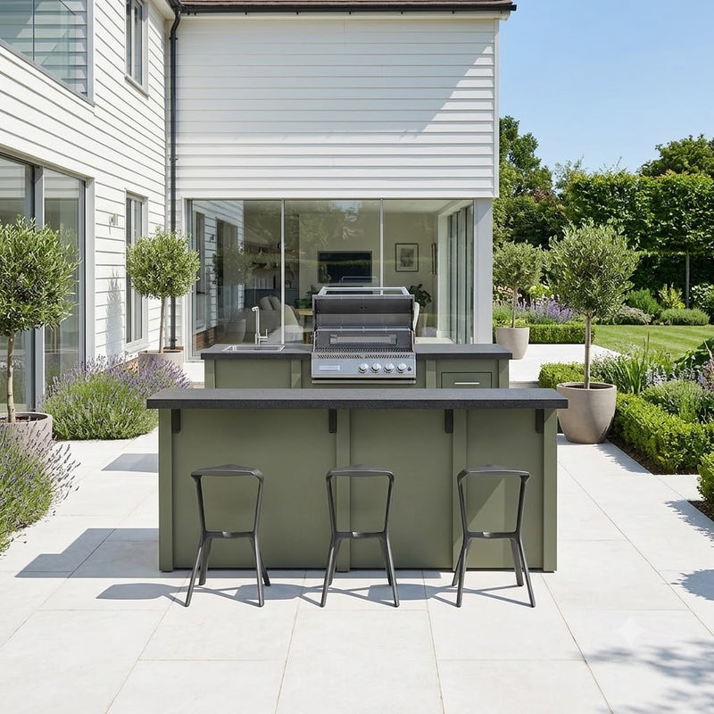 Grandpro by Stoll Aluminum Outdoor Kitchen - Sage Green bar & grill with refrigerator & sink - incl. Crossray C4 infrared barbecue - black