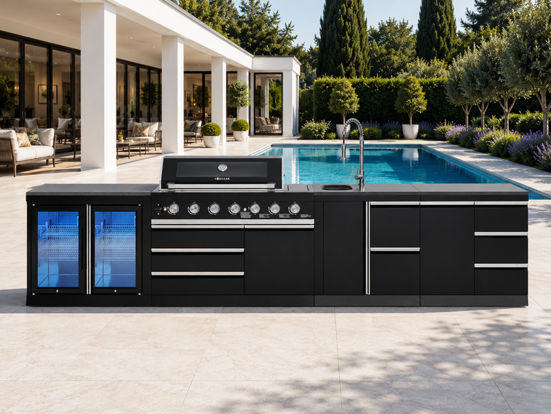 Goriller Outdoor Kitchen | 6-Burner Gas Grill, Sink Double Door Fridge & Workstation | 3.9m Compact Luxury Design