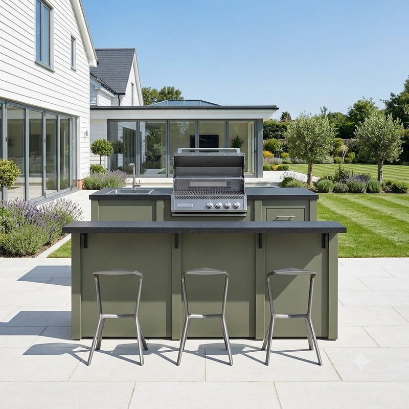 Grandpro by Stoll Aluminum Outdoor Kitchen - Sage Green bar & grill with refrigerator & sink - incl. Crossray C4 infrared barbecue - black
