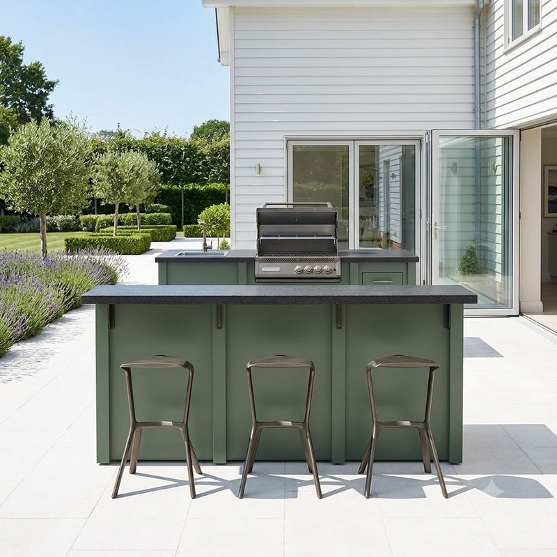 Grandpro by Stoll Aluminum Outdoor Kitchen - Sage Green bar & grill with refrigerator & sink - incl. Crossray C4 infrared barbecue - black