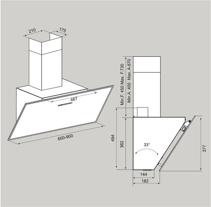 Airforce F203 60cm Automatic Angled Wall Mounted Cooker Hood - Black Glass