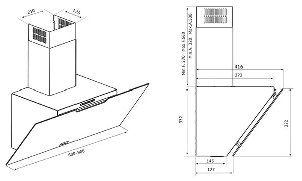 Airforce F212 90cm Wall Mounted Cooker Hood with Soft Push Button Controls- Black Glass Finish