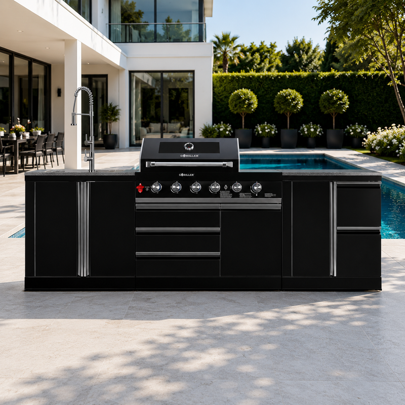 Goriller Outdoor Kitchen | 6-Burner Gas Grill, Drawer and Sink | 2.9m Compact Luxury Design