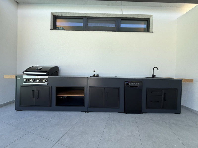 Grillandia Outdoor Kitchen GrandPro 4 Burner Gas BBQ, Fridge, and Sink | 4.4M