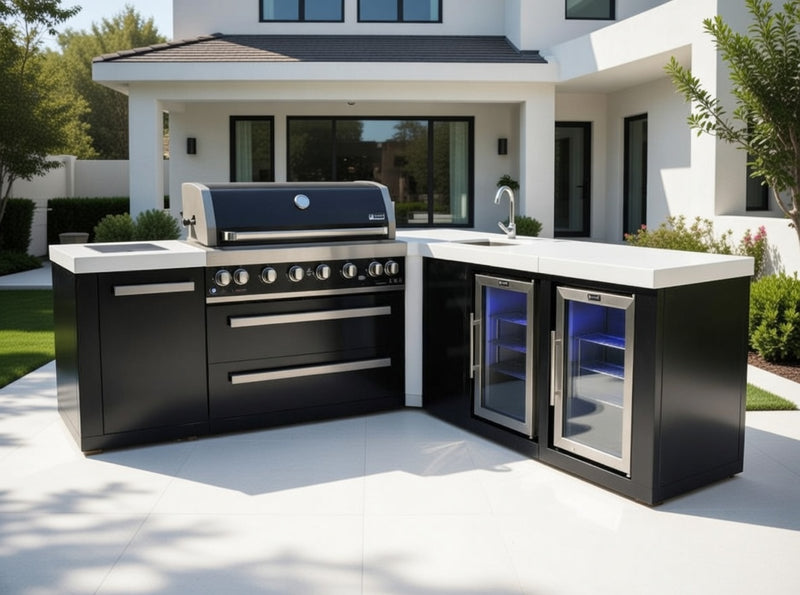Mont Alpi Outdoor kitchen Black 6 Burner, Sink, Double Fridge and Weather Cover