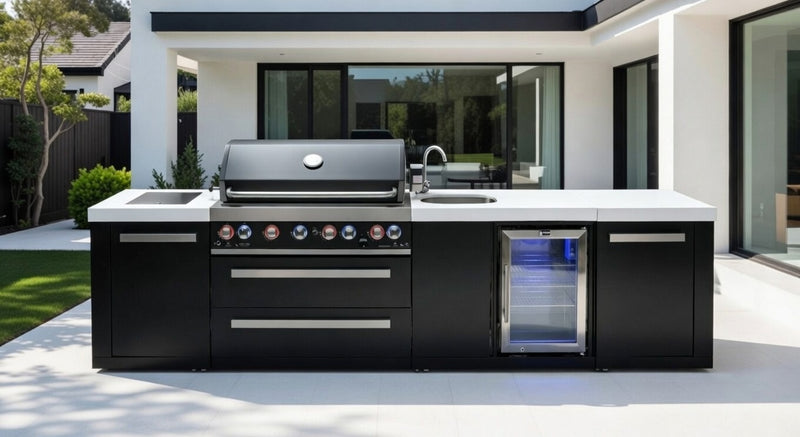 Mont Alpi Outdoor kitchen Black 6 Burner, Fridge, Sink and Weather Cover - 3.4m