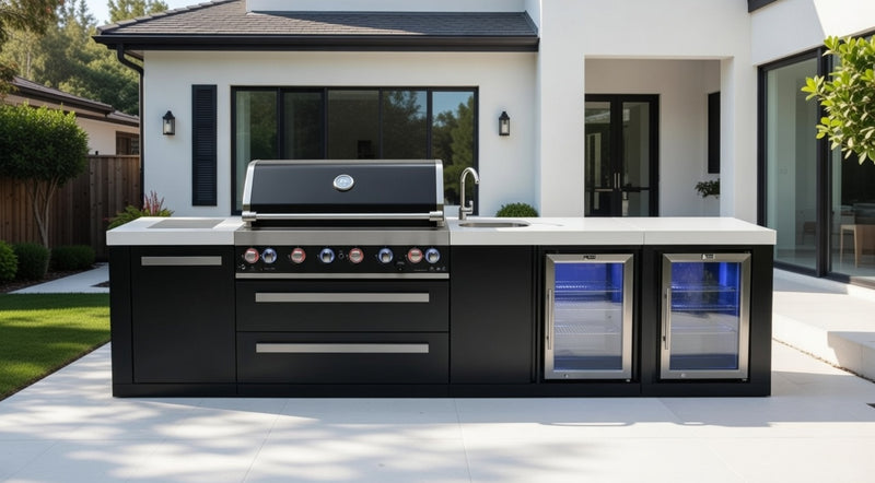 Mont Alpi Outdoor Kitchen Black, 6 Burner, Fridge, Sink and Weather Cover - 3.4m