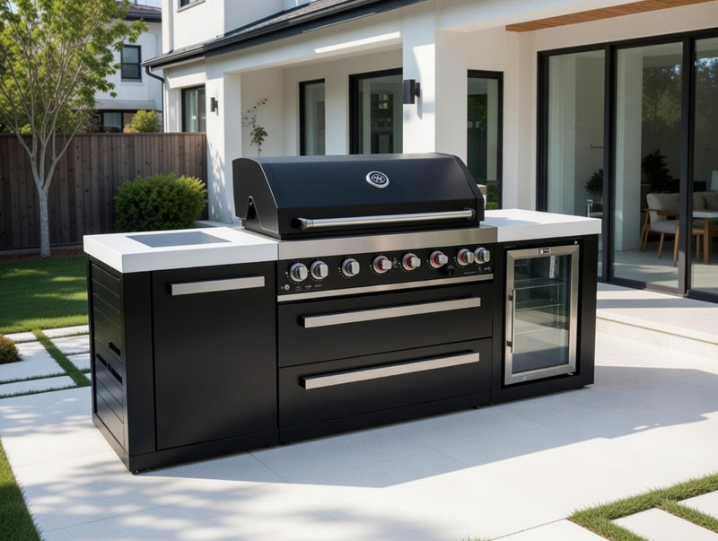 Mont Alpi Outdoor kitchen Black 6 Burner, Fridge and Weather Cover - 2.4m