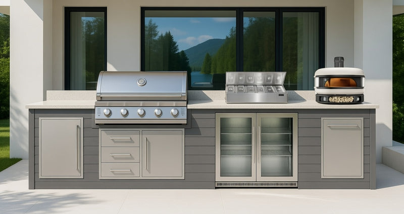 The Alpha Forge Outdoor Kitchen Beefeater 1600S 5 Burner Gas BBQ and Gozney | 500cm Light grey