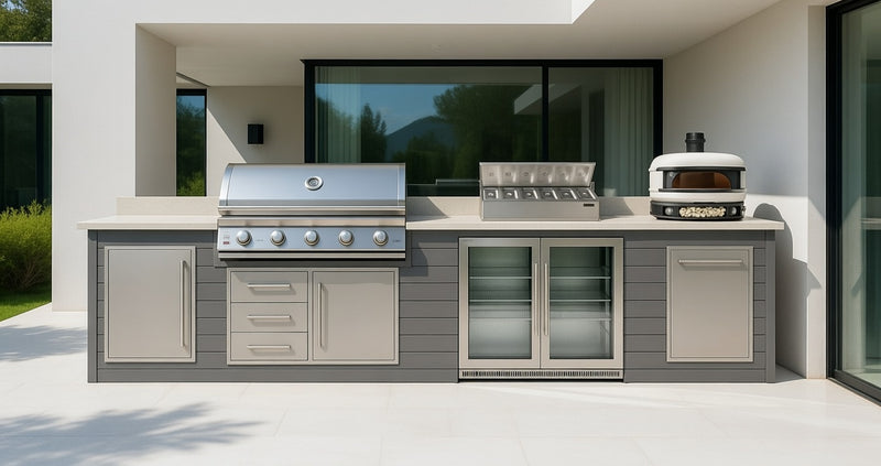 The Alpha Forge Outdoor Kitchen Beefeater 1600S 5 Burner Gas BBQ and Gozney | 500cm Light grey