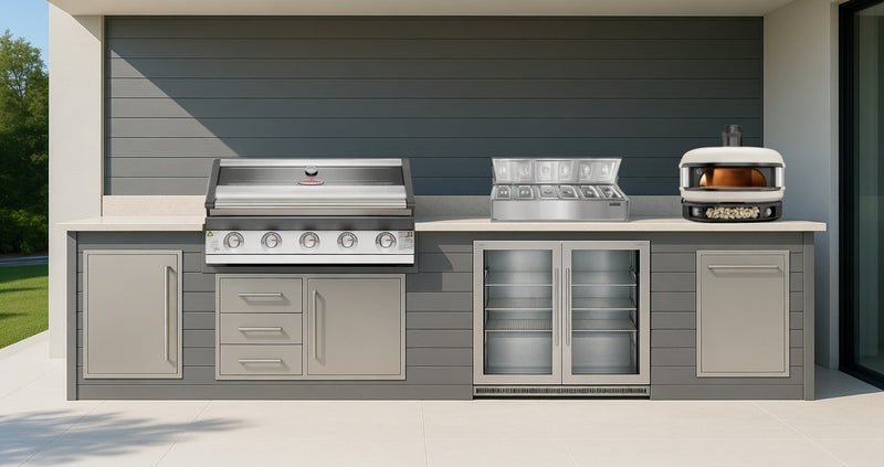 The Alpha Forge Outdoor Kitchen Beefeater 1600S 5 Burner Gas BBQ and Gozney | 500cm Light grey
