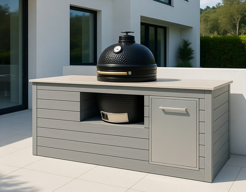 The Alpha Forge Outdoor Kitchen Kamado Grill 22" and Bin | 250cm Light grey