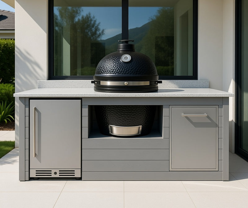 The Alpha Forge Outdoor Kitchen Kamado Grill 22" and Fridge and Bin | 250cm Light grey