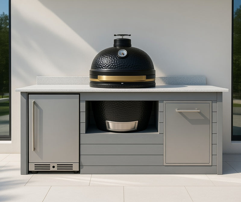 The Alpha Forge Outdoor Kitchen Kamado Grill 22" and Fridge and Bin | 250cm Light grey