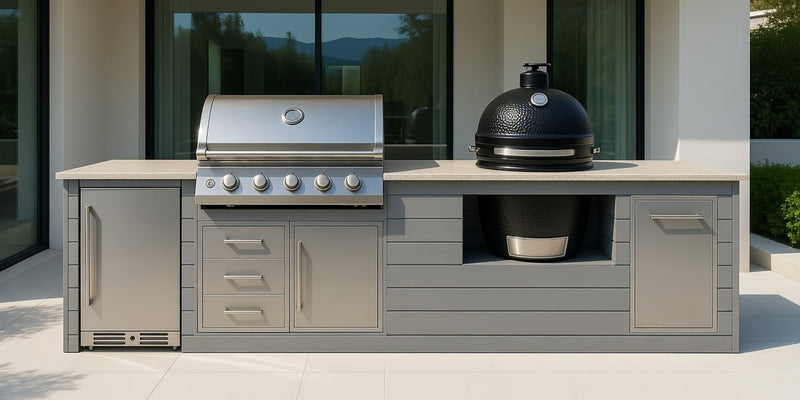 The Alpha Forge Outdoor Kitchen Beefeater 1600S Built-In 5 Burner Gas BBQ and Kamado | 450cm Light grey