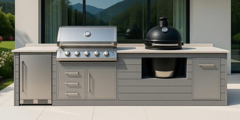 The Alpha Forge Outdoor Kitchen Beefeater 1600S Built-In 5 Burner Gas BBQ and Kamado | 450cm Light grey