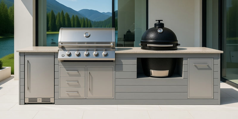 The Alpha Forge Outdoor Kitchen Beefeater 1600S Built-In 5 Burner Gas BBQ and Kamado | 450cm Light grey