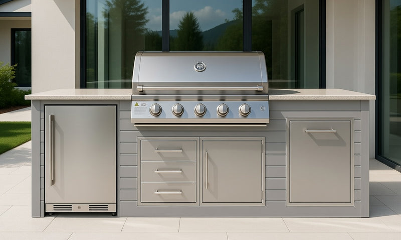 The Alpha Forge Outdoor Kitchen Beefeater 1600S Built-In 5 Burner Gas BBQ | 250cm Light grey