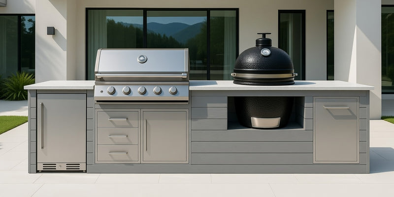 The Alpha Forge Outdoor Kitchen Beefeater 1600S Built-In 5 Burner Gas BBQ and Kamado | 450cm Light grey