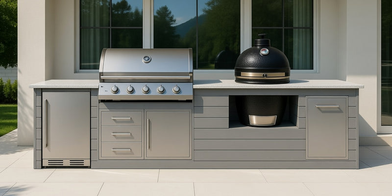 The Alpha Forge Outdoor Kitchen Beefeater 1600S Built-In 5 Burner Gas BBQ and Kamado | 450cm Light grey