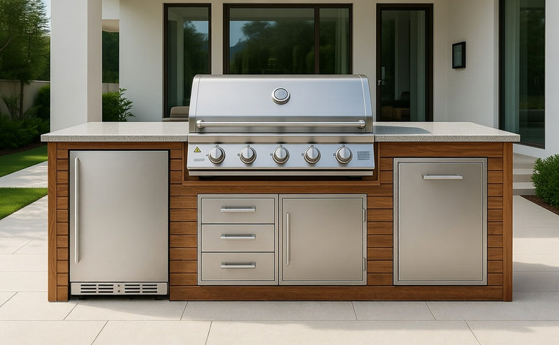 The Alpha Forge Outdoor Kitchen Beefeater 1600S Built-In 5 Burner Gas BBQ | 250cm Teak Wood Cladding