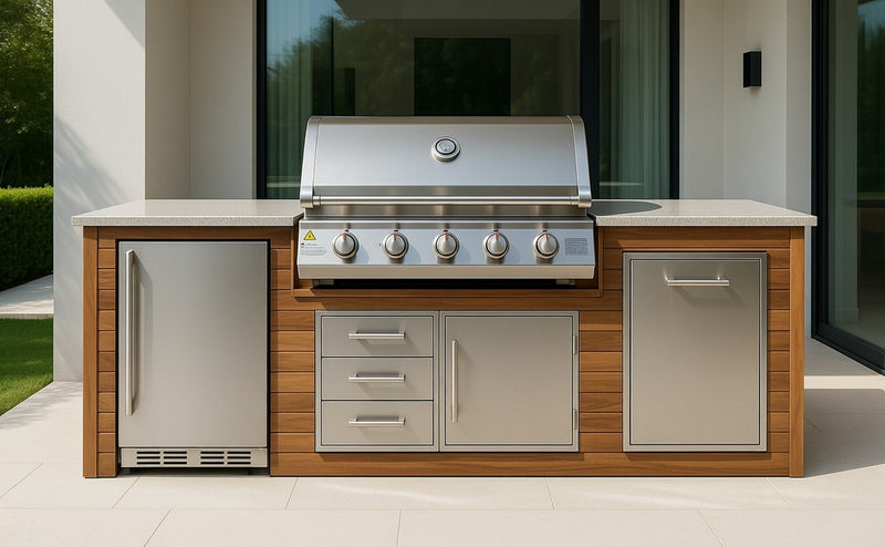 The Alpha Forge Outdoor Kitchen Beefeater 1600S Built-In 5 Burner Gas BBQ | 250cm Teak Wood Cladding