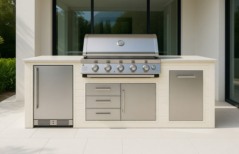 The Alpha Forge Outdoor Kitchen Beefeater 1600S Built-In 5 Burner Gas BBQ | 250cm Ivory