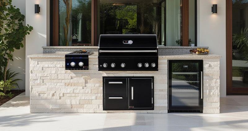The Alpha Forge Outdoor Kitchen Whistler Burford 5 Burner Gas BBQ | 300cm Tuscany Beige Interlocking Travertine