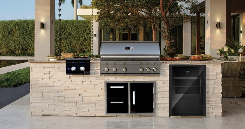 The Alpha Forge Outdoor Kitchen Whistler Burford 5 Burner Gas BBQ | 300cm Tuscany Beige Interlocking Travertine
