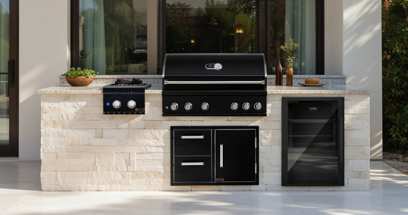 The Alpha Forge Outdoor Kitchen Whistler Burford 5 Burner Gas BBQ | 300cm Tuscany Beige Interlocking Travertine