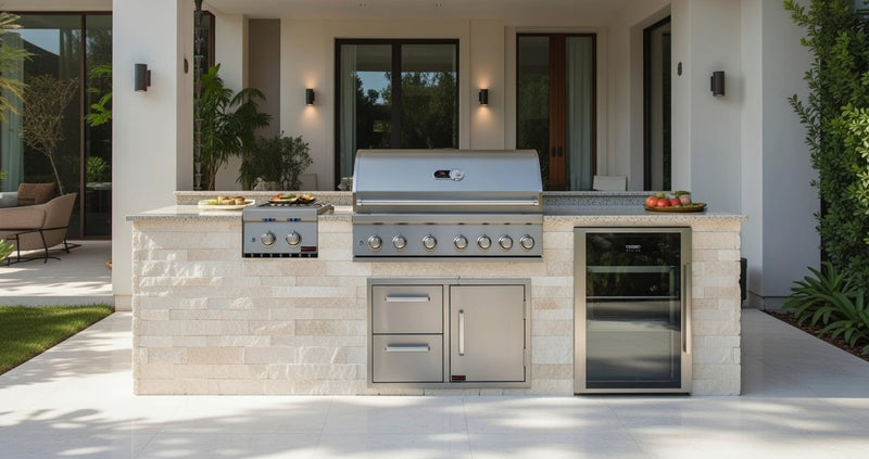 The Alpha Forge Outdoor Kitchen Whistler Burford 5 Burner Gas BBQ | 300cm Tuscany Beige Interlocking Travertine