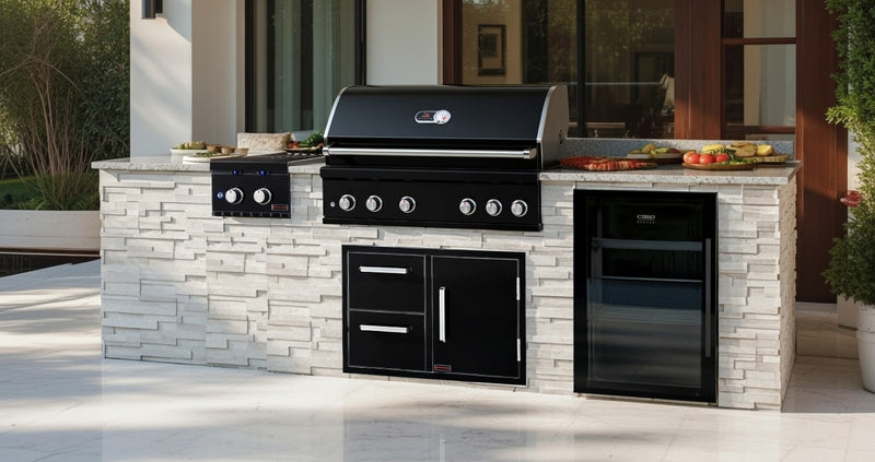 The Alpha Forge Outdoor Kitchen Whistler Burford 5 Burner Gas BBQ | 300cm Tuscany Beige Interlocking Travertine