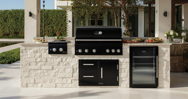 The Alpha Forge Outdoor Kitchen Whistler Burford 5 Burner Gas BBQ | 300cm Tuscany Beige Interlocking Travertine