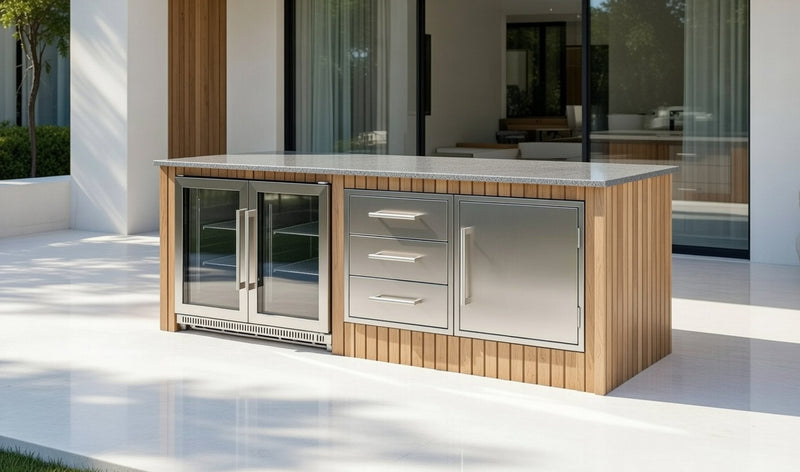 The Alpha Forge Outdoor Kitchen Bar and Fridge Unit | 220cm x 100cm Light Oak Cladding